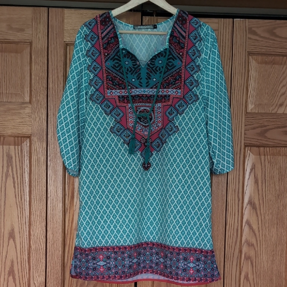 Turquoise Patterned Boho Tunic Top with Pink Accents